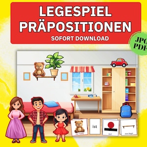 Peut inclure: Illustration éducative avec le texte "LEGESPIEL PRÄPOSITIONEN SOFORT DOWNLOAD". La scène représente une chambre avec un lit, une armoire et une famille de trois. Il y a aussi des voitures jouets, un ours en peluche et une plante.