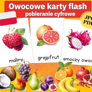 Obst Lernkarten Montessori Karten, flash cards polnische Sprache, Kinder Kita Bildkarten Wörter flashcards polnisch Obstsorten Karteikarten