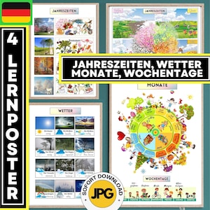 Póster de aprendizaje de las estaciones, el tiempo, los meses y los días de la semana, descarga del juego de carteles, de valor educativo, 4 carteles didácticos para la habitación de los niños
