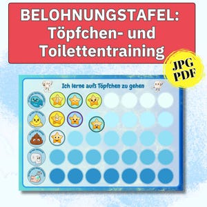 Puede incluir: Un cuadro de recompensas para el entrenamiento para ir al baño, con texto en alemán en una pancarta roja. El cuadro azul y blanco presenta iconos de dibujos animados y pegatinas de estrellas para rastrear el progreso. La imagen también incluye el texto "JPG PDF".