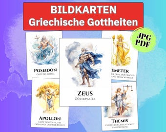 Pode incluir: Um conjunto de cartões ilustrados com deuses gregos, incluindo Poseidon e Zeus. Os cartões apresentam ilustrações em aquarela com textos em alemão. A faixa superior diz "BILDKARTEN Griechische Gottheiten".