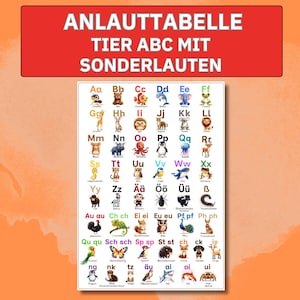 May include: A colorful educational poster with the German text "ANLAUTTABELLE TIER ABC MIT SONDERLAUTEN" at the top. The poster features the alphabet with animal illustrations for each letter, perfect for learning. The background is orange.