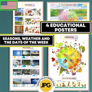 Impresión de cuatro estaciones, montessori 4 estaciones imprimibles, carteles educativos para niños, decoración del aula de profesores, educación en casa, descarga digital