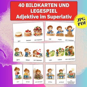 Könnte beinhalten: Ein Set aus Lernkarten mit farbigen Illustrationen von Kindern und Objekten zur Vermittlung deutscher Superlativ-Adjektive. Die Karten zeigen Bildsequenzen mit zugehörigen Textbeschriftungen auf einem weißen Hintergrund mit roter Kopfzeile.