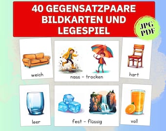 May include: A set of illustrated flashcards with German text, featuring contrasting pairs like "soft" and "hard," "wet" and "dry," and "empty" and "full." The cards include images of a sofa, a child in the rain, a chair, a glass, ice cubes, a waterfall, and a glass of juice.