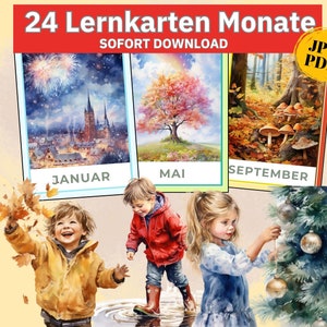 Monate Poster Montessori Bildkarten Monate Aquarellbilder, Monatskarten und Poster des Jahres, Jahreszeiten Karten, Montessori Monatskarten