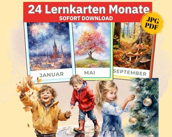 Poster dei mesi e cartoline illustrate Montessori Immagini ad acquerello dei mesi, cartoline mensili e poster dell'anno, cartoline stagionali, download digitale