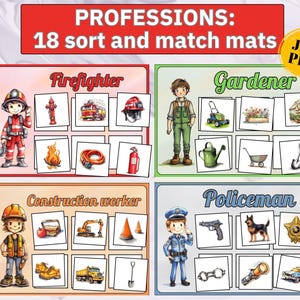 Könnte beinhalten: Vier farbige, druckbare Sortier- und Zuordnungsmatten mit verschiedenen Berufen: Feuerwehrmann, Gärtner, Bauarbeiter und Polizist. Jede Matte zeigt ein Bild einer Person in dem Beruf und neun weitere Bilder, die mit dem Beruf zusammenhängen.