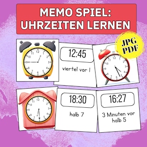 Könnte beinhalten: Ein farbenfrohes Lernspiel zum Thema Uhrzeiten. Das Bild zeigt verschiedene Uhrendesigns, darunter einen gelben Wecker, einen roten Wecker und eine rosa hausförmige Uhr. Die Spielkarten zeigen Uhrzeiten wie 12:45, 18:30 und 16:27.
