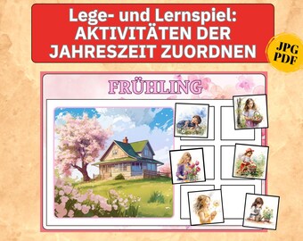 May include: A printable educational game for children to learn about the seasons. The game features a colourful illustration of a house with a blooming cherry tree in the spring. There are six smaller images of children doing activities associated with spring, such as picking flowers, planting seeds, and playing with a kite. The title of the game is "Lege- und Lernspiel: Aktivitäten der Jahreszeit zuordnen" which translates to "Matching Game: Activities of the Seasons".