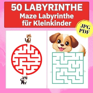 May include: A children's activity book cover with the text "50 LABYRINTHE Maze Labyrinthe für Kleinkinder". The image features a red circular maze with two cartoon kittens and a teal square maze with a cartoon dog.