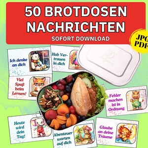 Könnte beinhalten: Digitaler Download von 50 Brotdosen-Notizen mit farbenfrohen Illustrationen und deutschem Text. Die Notizen zeigen verschiedene Bilder, darunter Tiere und inspirierende Botschaften. Eine Brotdose mit Essen ist ebenfalls sichtbar.