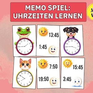 Peut inclure: Un jeu éducatif pour enfants avec des cartes représentant des horloges et des heures numériques. Les cartes présentent une grenouille, un chien et un chat avec des horloges, et des illustrations de soleil et de lune. Le texte "MEMO SPIEL: UHRZEITEN LERNEN" est en haut.