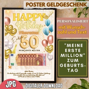 Erste Million zum Geburtstag Geldgeschenk personalisiert geldscheine auf poster runder geburtstag last minute geschenk kreative geschenkidee