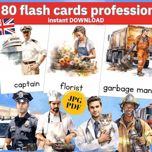 80 professions cards flash cards for learning professions, occupation Montessori cards, community helpers acitivities, job flashcards