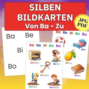 May include: Educational flashcards with German words and images. The cards feature words like "backen" (bake), "bellen" (bark), and "Birne" (pear), along with corresponding illustrations. The title "SILBEN BILDKARTEN Von Ba - Zu" is displayed at the top.