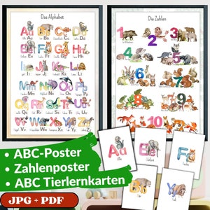 Effektives ABC Poster mit Tieren und Zahlenposter, ABC Lernkarten Buchstaben und Zahlen, Lernposter Tiere Kinderzimmer, Kindergarten, Schule