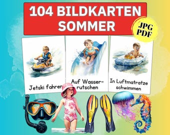 Aquarela de verão, material educativo para crianças, cartões de memória, imagens de estações do ano em alemão, natureza, pré-escola, creche, Montessori, alemão, PDF