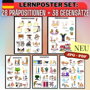 Op de afbeelding: Een set van twee kleurrijke educatieve posters om Duitse voorzetsels en tegenstellingen te leren. De posters bevatten illustraties van dieren, voorwerpen en mensen in verschillende posities en situaties. De tekst op de posters is in het Duits.