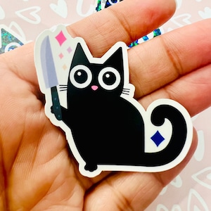 Black cat holding a knife, Stabby kitty sticker, Black cat sticker, Vinyl Sticker, Funny sticker, Water bottle stickers, laptop stickers.