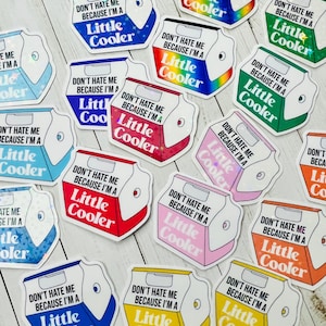 May include: A collection of 15 colorful stickers featuring a cartoon cooler with the text "Don't hate me because I'm a little cooler". The stickers are on a white wooden background.