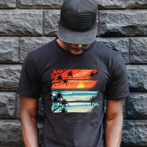 Retro Tropical Sunset Scene Summer Shirt, Vintage Palm Tree Shirt, Colorful Glitch T-Shirt, Nature Shirt, Palm Beach Shirt