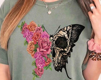 Floral Butterfly Skeleton Comfort Colors Shirt: Retro Halloween Tee