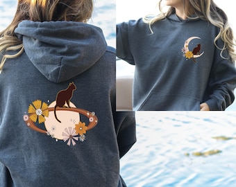 Retro Cat And Moon Halloween Hoodie,Back and Front Both Printed Hoodie, Trendy Crewneck Aesthetic Hoodie,Cat lover gift,Celestial Cat Hoodie