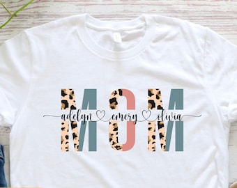 Custom Mom Shirt With Kids Names, Leopard Print Personalized Mom Shirt, Mother&#39;s Day Shirt, Custom Kid&#39;s Names Mom Shirt, Gift For Mom