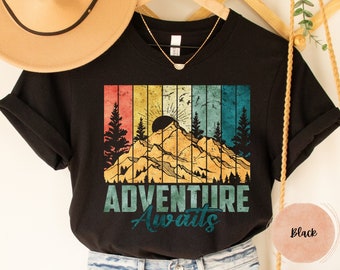 Retro Adventure Awaits T-Shirt: Mountain Hiker, Nature Lover Gift