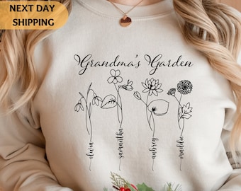 Custom Birth Flower Grandma Sweatshirt With Kids Names, Birthday Month Personalized Grandma Sweater, Mother&#39;s Day Shirt, Grandma&#39;s Garden
