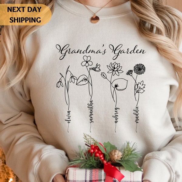 Custom Birth Flower Grandma Sweatshirt With Kids Names, Birthday Month Personalized Grandma Sweater, Mother's Day Shirt, Grandma's Garden