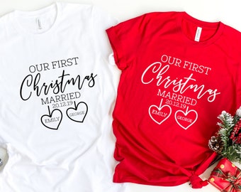 Married Couples Christmas T-shirts, Name and Date, Personalized Christmas Couple Shirts , Our First Christmas