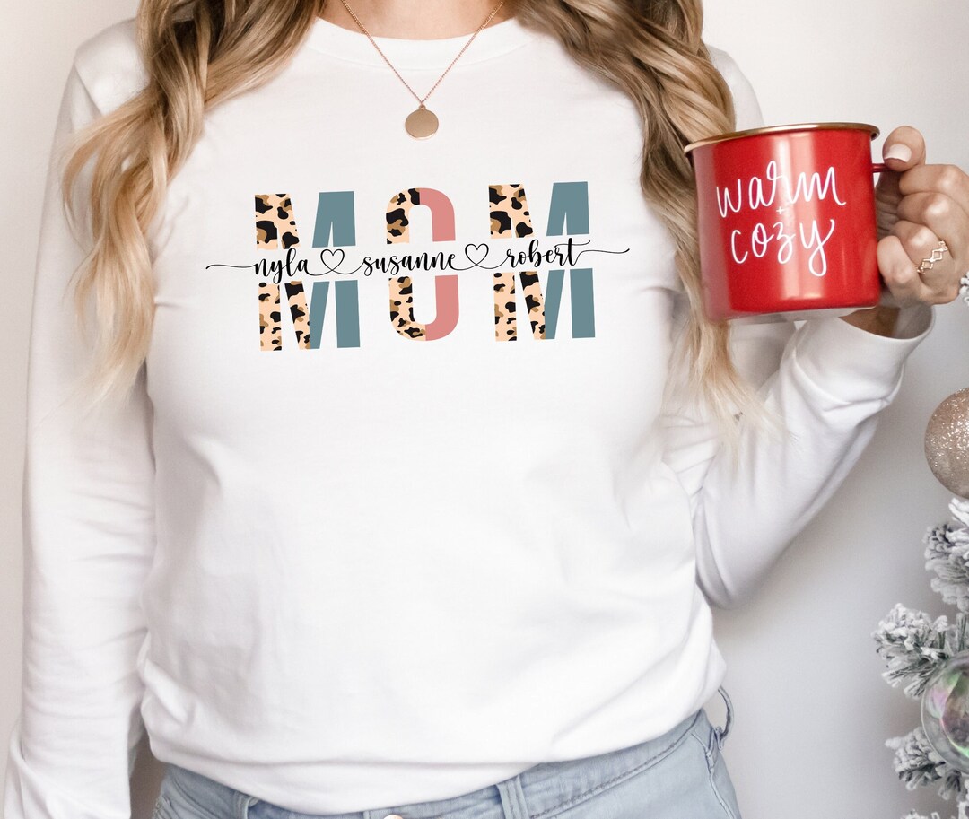 Custom Mom Long Sleeve Shirt With Kids Names, Leopard Print