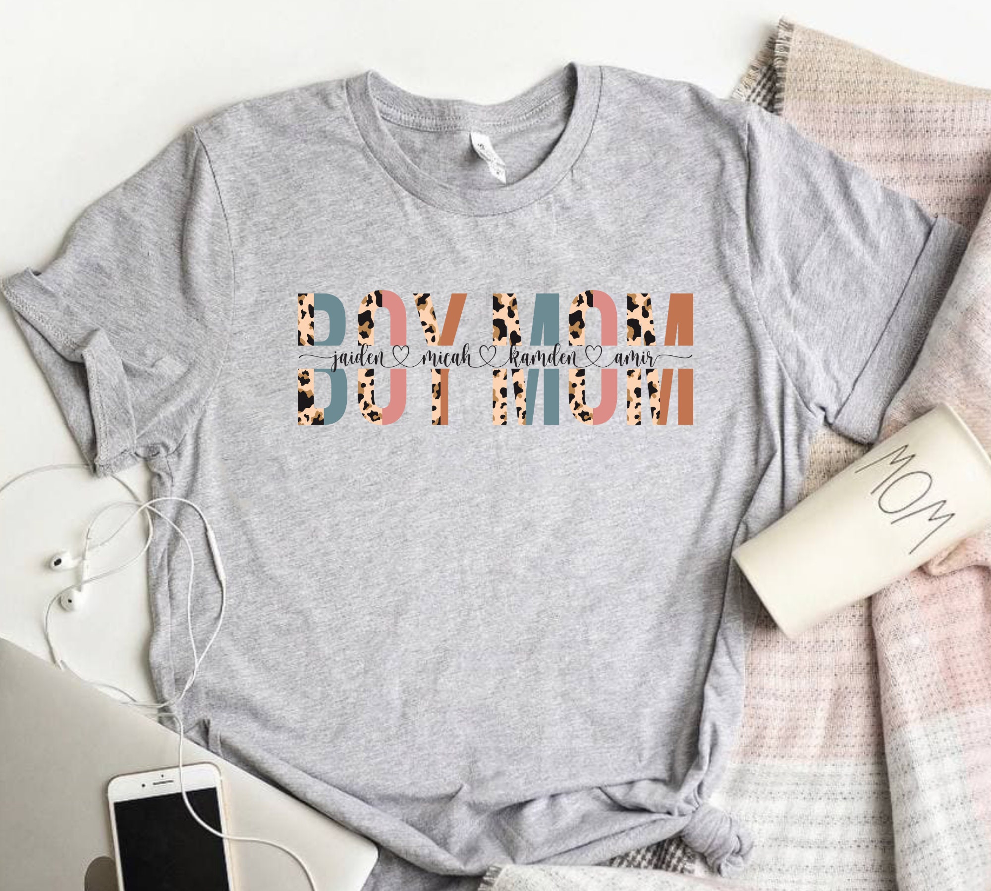 Custom Boy Mom Shirt With Kids Names Leopard Print | Etsy