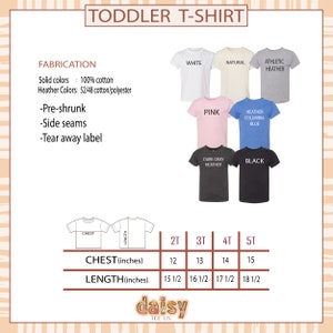 May include: A size chart for toddler t-shirts with measurements in inches. The chart shows chest and length measurements for sizes 2T, 3T, 4T, and 5T. The chart is labelled "CHEST (inches)" and "LENGTH (inches)".