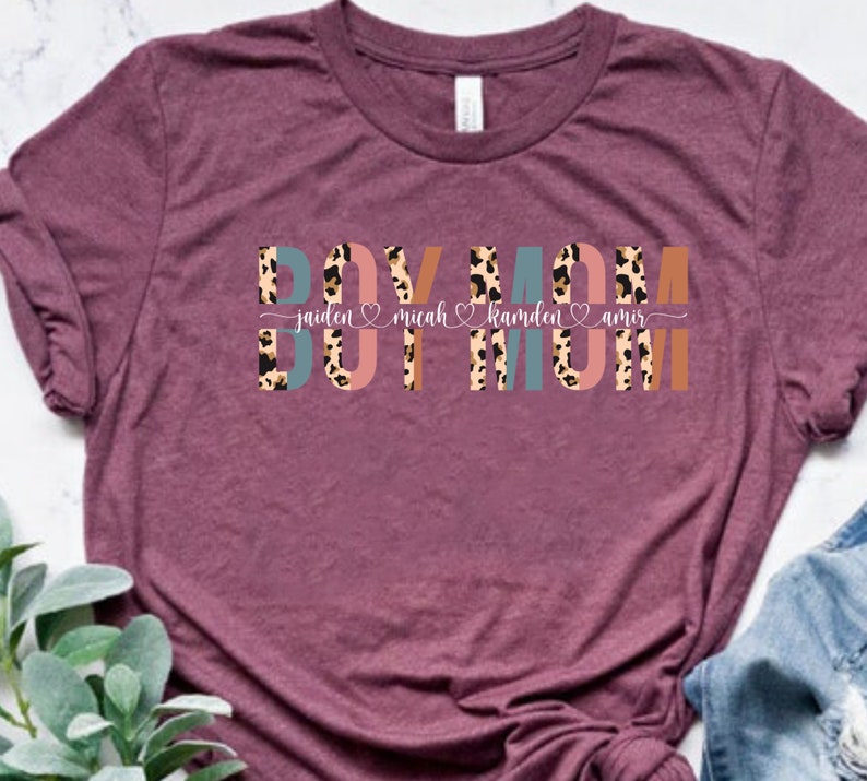 Custom Boy Mom Shirt With Kids Names Leopard Print Etsy