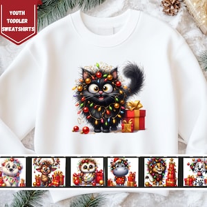 Christmas Crazy Animals Kids Sweatshirt, Cute Funny Christmas Hoodie, Family Xmas Gift, Cat ,Dog,Lion, Pinguin,Donkey funny Characters