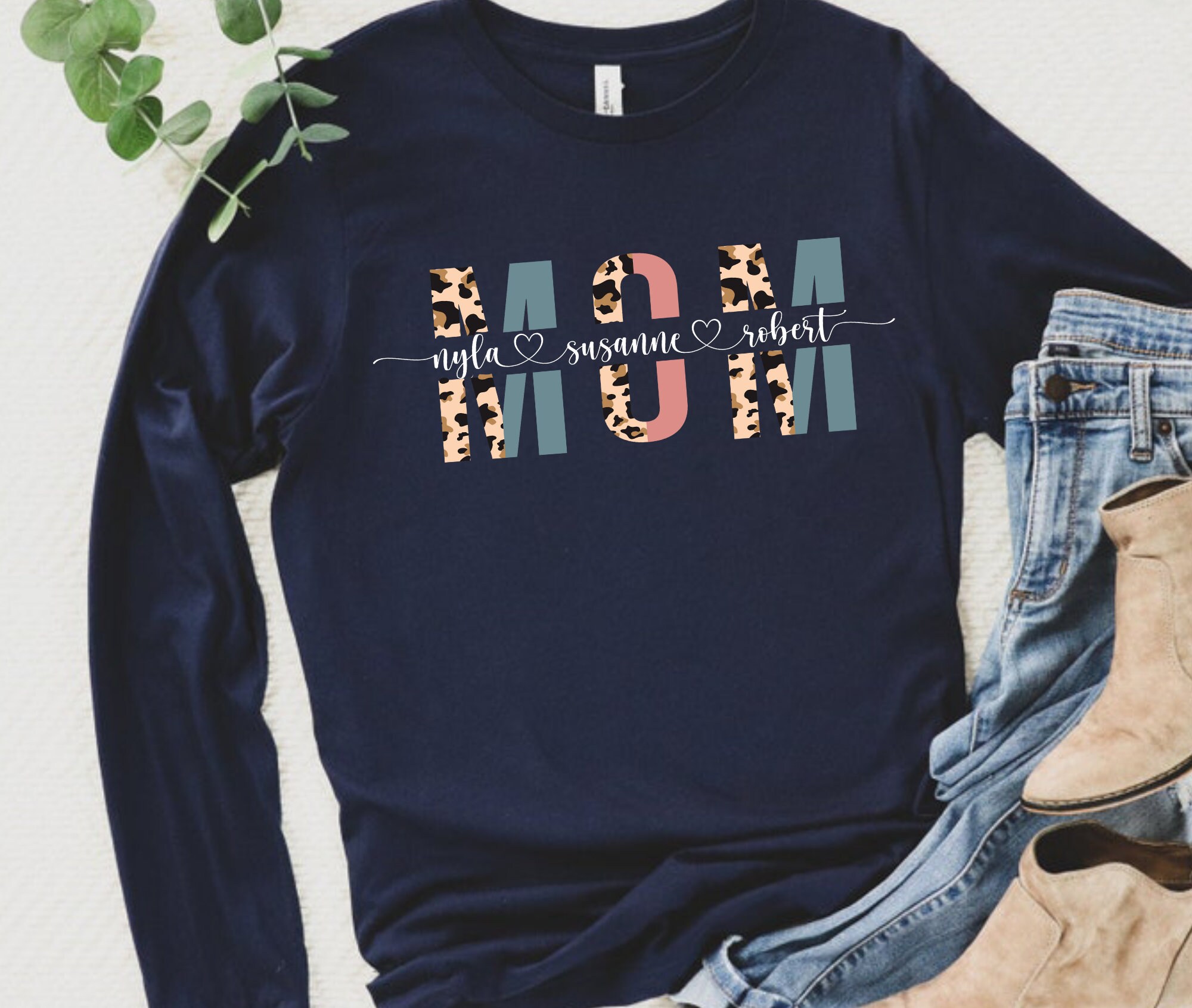 Custom Mom Long Sleeve Shirt With Kids Names Leopard Print Etsy