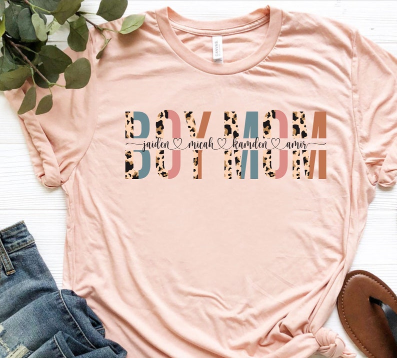 Custom Boy Mom Shirt With Kids Names Leopard Print Etsy