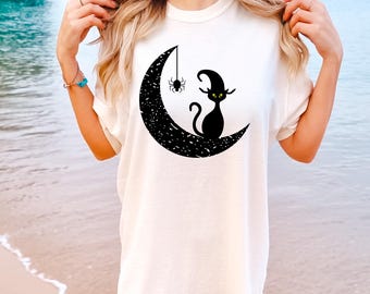 Comfort Colors Halloween Cat Moon Tee, Spider Graphic Shirt