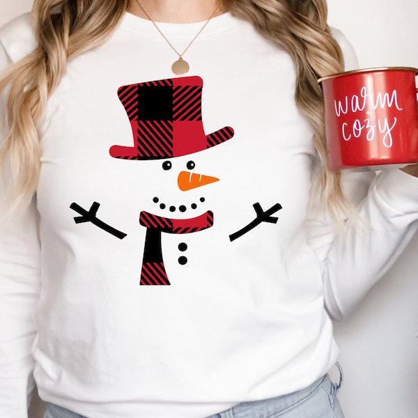 Women's Christmas Long Sleeve V-Neck Shirt - Merry Christmas Snowman & Tree Graphic Tee