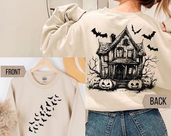 Vintage Halloween Sweatshirt: Spooky Castle & Bats Retro Pullover