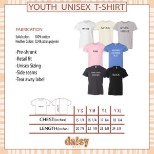 May include: Youth unisex t-shirt size chart with measurements in inches. The chart shows the chest and length measurements for sizes YS, YM, YL, and YXL. The chart also shows different color options for the t-shirt, including white, natural, athletic heather, pink, heather columbia blue, dark gray heather, and black.