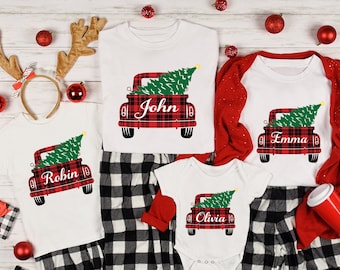 Red Truck Custom Name Gift Personalized Family Christmas Vintage Buffalo Plaid Tree Best Seller Gift