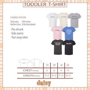 May include: A size chart for toddler t-shirts with measurements in inches. The chart shows chest and length measurements for sizes 2T, 3T, 4T, and 5T. The chart is labeled "CHEST (inches)" and "LENGTH (inches)".