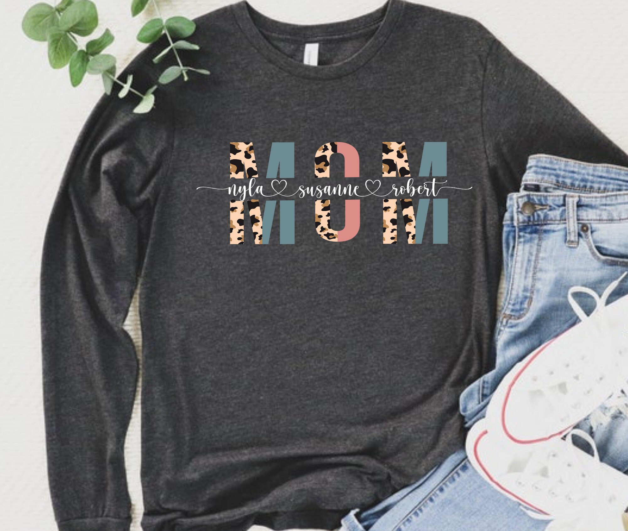 Custom Mom Long Sleeve Shirt With Kids Names Leopard Print Etsy