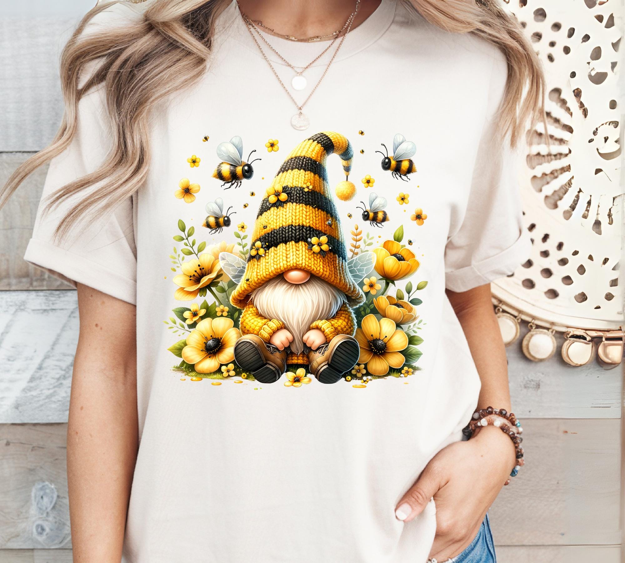 Spring Gnome Shirt Nature Lover Gift Honey Bee Mother's Day Gift Gnome Lover Daisy Tee Sunflower Summer Gift