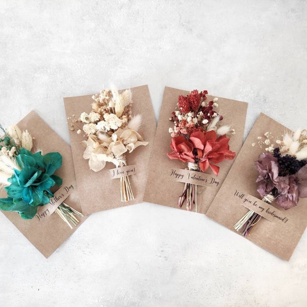 Getrocknete Mini Blumenstrauß | Personalisierte Gastgeschenke | Valentinstagskarte l Boho Hochzeitsdeko | Brautjungfer Vorschlag Blumen Karte