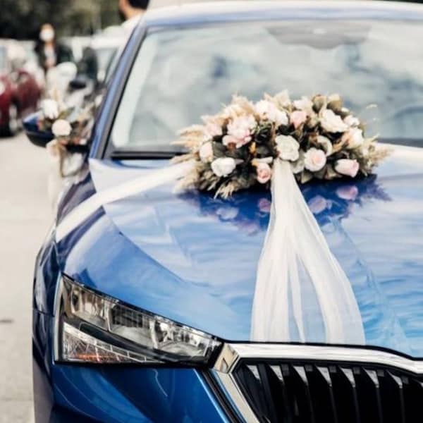 Personalisierte Hochzeit Auto Dekoration l Rosa Weiß Hochzeitsstrauß für Autos l Tischdekoration l Hochzeitsauto Schleife l Hochzeit Mittelstücke